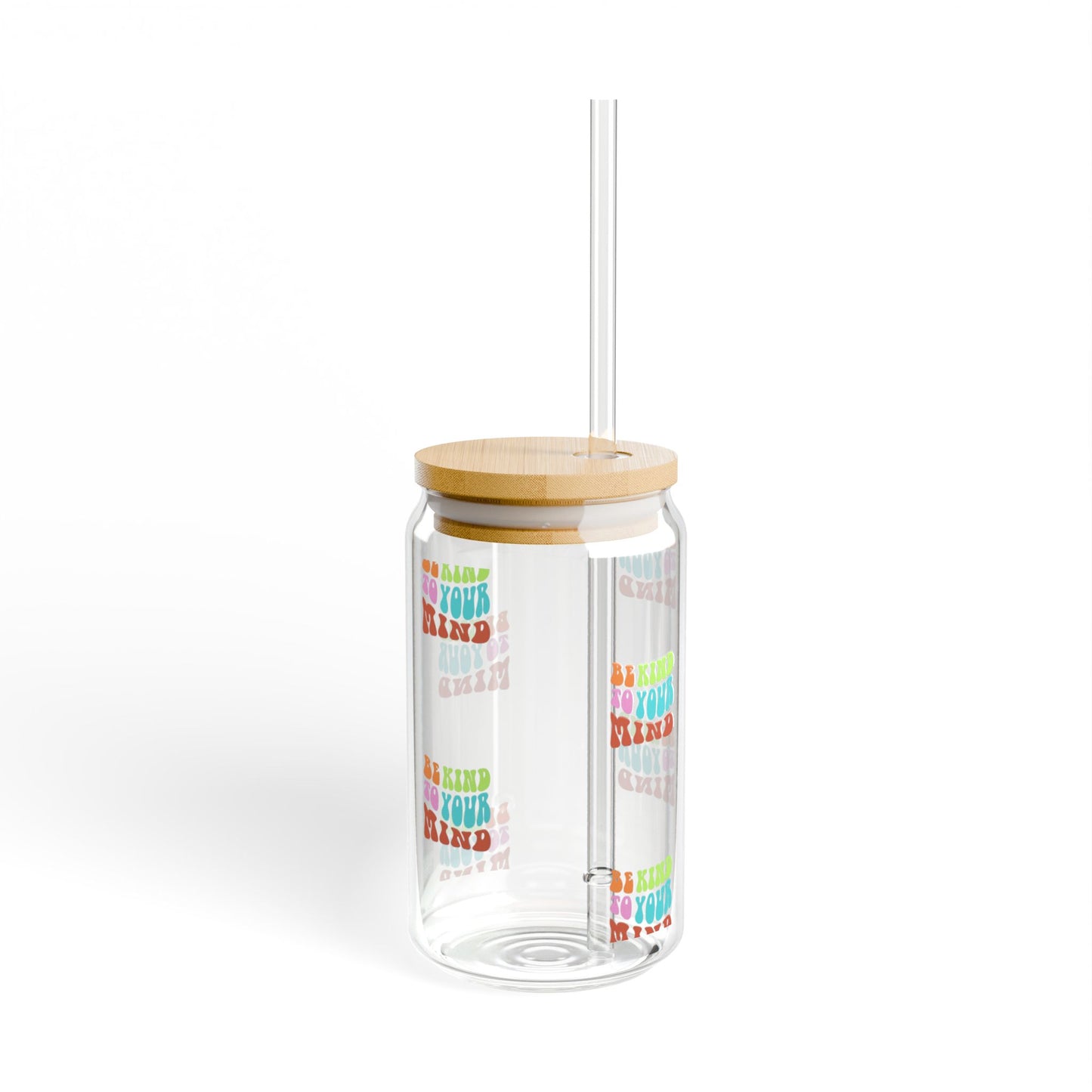 Be kind to your mind | Cheerful Sipper Glass, 16oz - Good Day Drinkware, Eco-Friendly Water Bottle, Cute Star Pattern, Ideal for Parties, Gifts