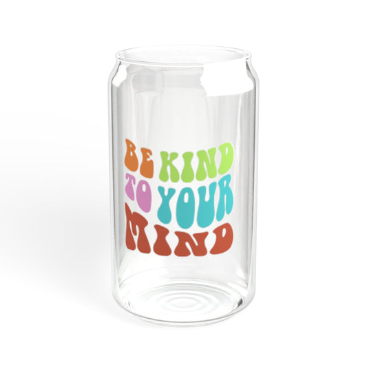 Be kind to your mind | Cheerful Sipper Glass, 16oz - Good Day Drinkware, Eco-Friendly Water Bottle, Cute Star Pattern, Ideal for Parties, Gifts