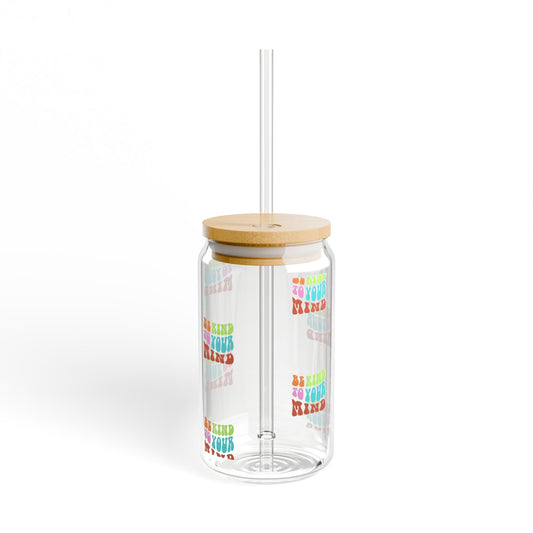 Be kind to your mind | Cheerful Sipper Glass, 16oz - Good Day Drinkware, Eco-Friendly Water Bottle, Cute Star Pattern, Ideal for Parties, Gifts