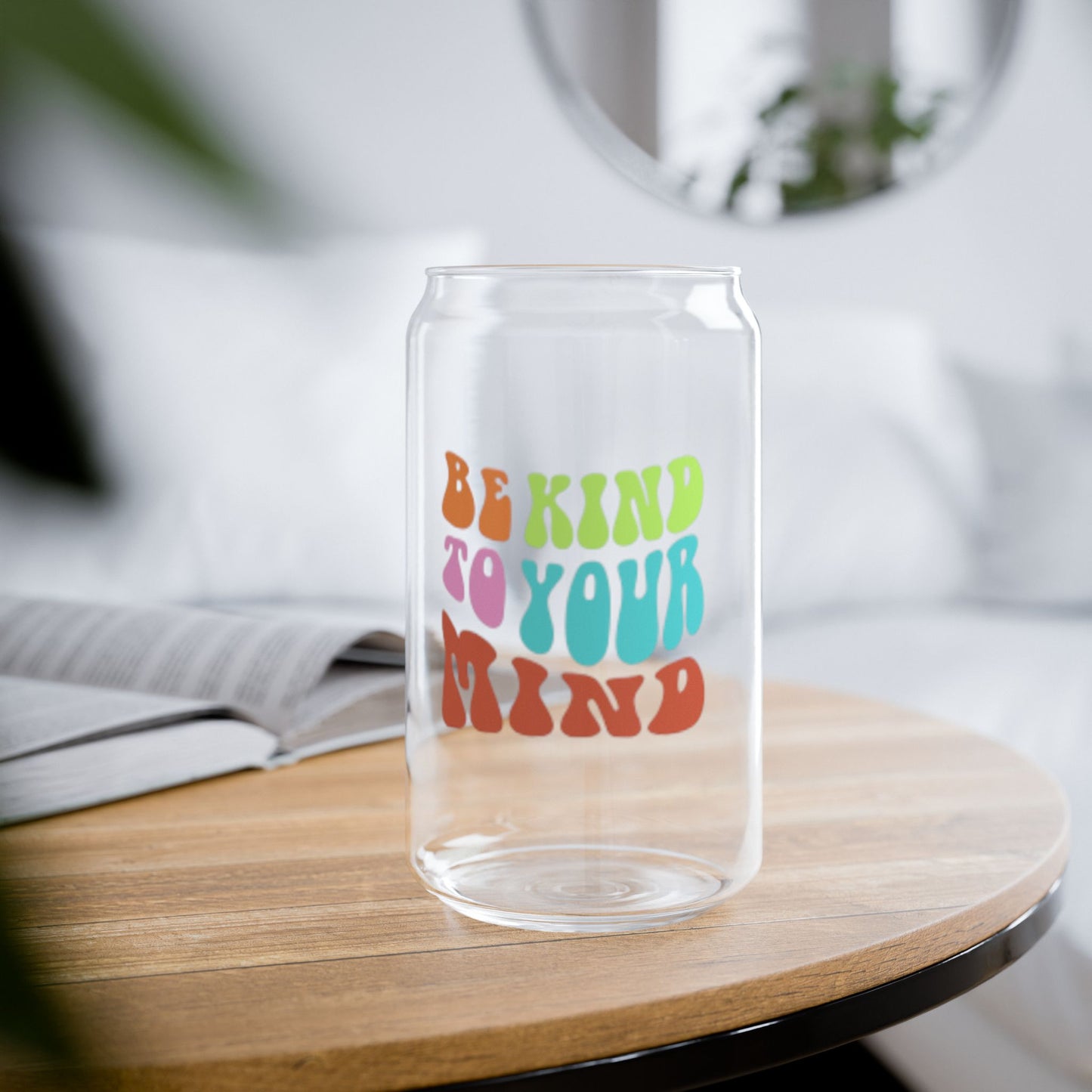 Be kind to your mind | Cheerful Sipper Glass, 16oz - Good Day Drinkware, Eco-Friendly Water Bottle, Cute Star Pattern, Ideal for Parties, Gifts