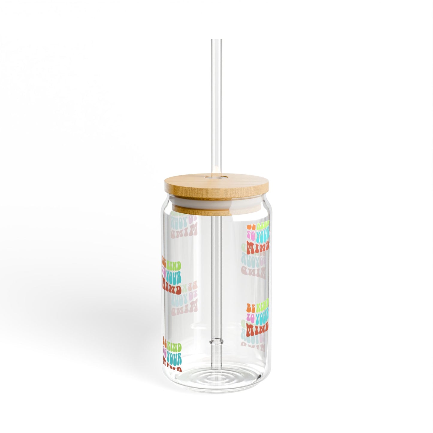 Be kind to your mind | Cheerful Sipper Glass, 16oz - Good Day Drinkware, Eco-Friendly Water Bottle, Cute Star Pattern, Ideal for Parties, Gifts